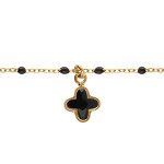 Bracelet en argent dor� boules r�sine noire et pampille tr�fle cristal noir - 15 + 3cm