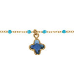 Bracelet en argent dor� boules r�sine turquoise et pampille tr�fle cristal bleu - 15 + 3cm