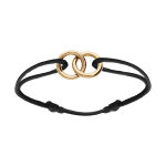 Bracelet en argent et dor� jaune cordon noir coulisant avec motif 2 anneaux entrelac� 10 x 10mm