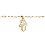 Bracelet en argent et dorure jaune cha�ne avec boules couleur blanche avec main de fatma 15 + 3cm