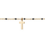 Bracelet en argent et dorure jaune cha�ne avec boules couleur noire et pampille croix 15 + 3cm