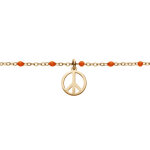 Bracelet en argent et dorure jaune chane avec boules couleur rouge motif peace and love 15 + 3cm