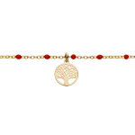 Bracelet en argent et dorure jaune cha�ne avec boules couleur rouge et pampille arbre de vie 15 + 3cm ...