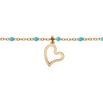 Bracelet en argent et dorure jaune cha�ne avec boules couleur turquoise avec pampille coeur 15 + 3cm