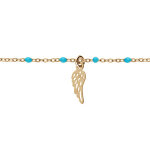 Bracelet en argent et dorure jaune chane avec boules couleur turquoise et pampille plume 15 + 3cm