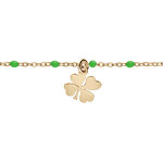 Bracelet en argent et dorure jaune cha�ne avec boules couleur verte et pampille tr�fle 15 + 3cm