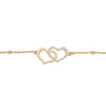 Bracelet en argent et dorure jaune cha�ne avec boule et double coeur granit� 15 + 3cm