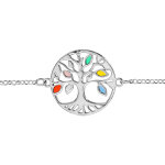 Bracelet en argent rhodi� cha�ne avec arbre de vie ajour� et feuilles multicolores - longueur 16cm + ...