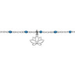Bracelet en argent rhodi chane avec boules couleur bleu et pampille fleur de lotus 15 + 3cm