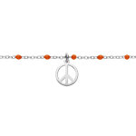 Bracelet en argent rhodi chane avec boules couleur rouge motif peace and love 15 + 3cm