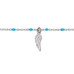 Bracelet en argent rhodi chane avec boules couleur turquoise et pampille plume 15 + 3cm