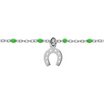 Bracelet en argent rhodié chaîne avec boules couleur verte et pampille fer à cheval 15 + 3cm Bracelet en argent rhodié chaîne avec boules couleur verte et pampille fer à cheval 15 + 3cm