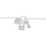 Bracelet en argent rhodié chaîne avec breloques cadenas coeur clefs pavées d'oxydes blancs 16 + 2cm Bracelet en argent rhodié chaîne avec breloques cadenas coeur clefs pavées d'oxydes blancs 16 + 2cm