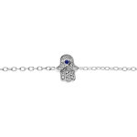 Bracelet en argent rhodi� cha�ne avec main de fatma et oxydes blancs et bleu sertis 16 + 3cm