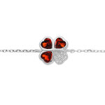 Bracelet en argent rhodi� cha�ne avec tr�fle d'oxydes rouges et coeur 16 + 1 + 1cm