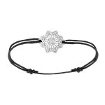 Bracelet en argent rhodi cordon coulissant noir avec fleur filigrane orne d'oxydes blancs sertis