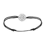 Bracelet en argent rhodi cordon coulissant noir avec fleur de tournesol