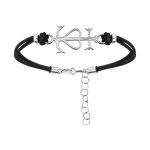 Bracelet en argent rhodi cordon doubl noir avec croix camarguaise 16 + 3cm