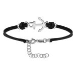 Bracelet en argent rhodi� cordon doubl� noir interchangeable avec ancre de marine au milieu - longueur ...