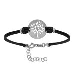 Bracelet en argent rhodi cordon doubl noir interchangeable avec plaque ronde avec 1 arbre de vie dcoup ...