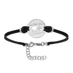 Bracelet en argent rhodi cordon doubl noir interchangeable avec plaque ronde avec coeur et  maman je ...
