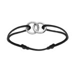 Bracelet en argent rhodi� cordon noir coulisant avec motif 2 anneaux entrelac� 10 x 10mm