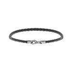 Bracelet en argent rhodi� et cuir tress� noir 22cm