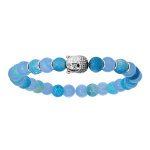 Bracelet en argent rhodi extensible avec boules quartz bleu clair et tte de bouddha