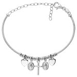 Bracelet en argent rhodi semi rigide avec pampilles cur, croix et miraculeuse rglable