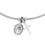 Bracelet en argent rhodi semi rigide avec pampilles croix et miraculeuse rglable
