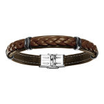 Bracelet en cuir marron avec tresse et �l�ments en acier - longueur 20cm r�glable
