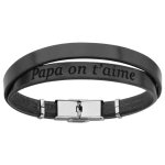 Bracelet en cuir noir et acier 2 tours avec message cach�  papa on t'aime  - longueur 20cm r�glable