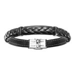 Bracelet en cuir noir avec tresse et �l�ments en acier - longueur 20cm r�glable