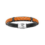 Bracelet en cuir noir avec tresse en cuir orange et lments en acier - longueur 20cm rglable