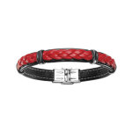 Bracelet en cuir noir avec tresse en cuir rouge et lments en acier - longueur 20cm rglable