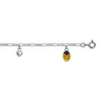 Bracelet enfant en argent rhodi chane 3 + 1 avec pampilles coccinelles jaunes et coeurs 14 + 2cm