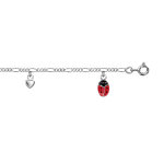 Bracelet enfant en argent rhodi chane 3 + 1 avec pampilles coccinelles rouges et coeurs 14 + 2cm