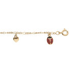 Bracelet enfant en plaqu or chane avec pampilles coccinelles rouges et coeurs 14 + 2cm