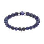 Bracelet extensible en argent platiné avec boules lapis lazuli bleu véritable et 2 charms à graver Bracelet extensible en argent platiné avec boules lapis lazuli bleu véritable et 2 charms à graver