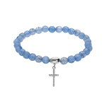 Bracelet extensible en argent rhodi� avec pierres naturelles 6mm agate bleu clair et pampille croix 15mm ...