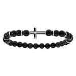 Bracelet extensible avec perles d'agate noire et motif croix