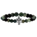 Bracelet extensible avec perles d'agate verte et motif croix