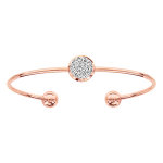 Bracelet jonc en acier et pvd rose ouvert avec pastille effet givr et boule lisse  chaque extrmit ...