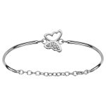 Bracelet jonc en argent rhodi� avec papillon ajour� orn� d'oxydes blancs sertis au milieu et cha�nette ...