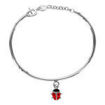 Bracelet jonc pour enfant en argent rhodi avec pampille coccinelle et petite chanette de rallonge