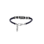 Bracelet junior en acier et cuir bleu avec rondelles et perle avec motif crois 14 + 3cm