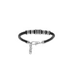 Bracelet junior en acier et cuir brun sombre avec rondelles et perle motif soleil 14 + 3cm