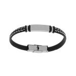 Bracelet junior en acier et cuir noir plaque identit� � graver avec cordon blanc tress� 16cm r�glable ...