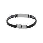 Bracelet junior en acier et cuir noir plaque identit� � graver avec cordon bleu tress� 16cm r�glable