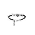 Bracelet junior en acier et cuir noir avec rondelles et perle avec motif crois 14 + 3cm